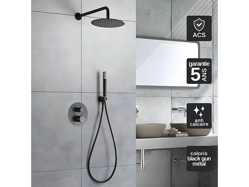 Colonne de Douche Encastrée avec Mitigeur Thermostatique noir métal  anti-calcaire - Design Moderne - LINE IMEX