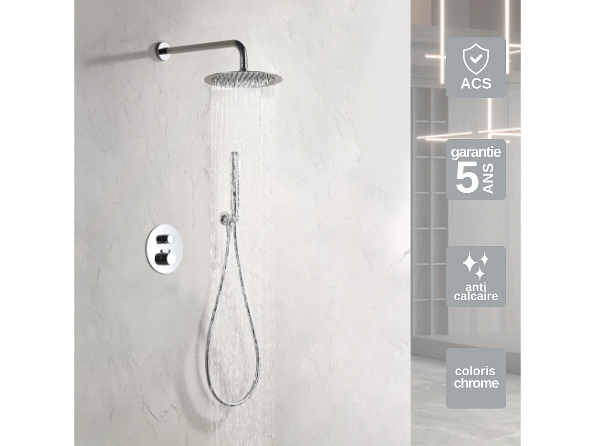 Colonne de Douche Encastrée avec Mitigeur Thermostatique chromé anti-calcaire - Design Moderne - NAPOLES IMEX