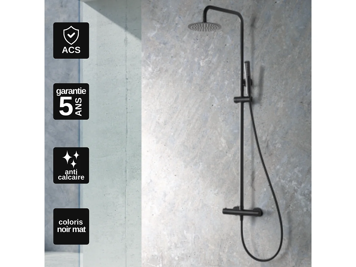 Colonne de Douche avec Mitigeur Thermostatique noir mat anti-calcaire - Design Moderne - NAPOLES IMEX