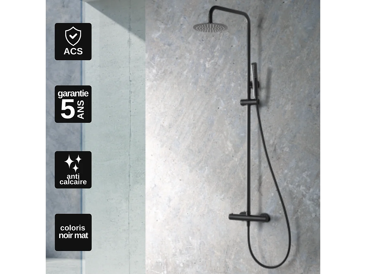 Colonne de Douche avec Mitigeur Thermostatique noir mat anti-calcaire - Design Moderne - NAPOLES IMEX