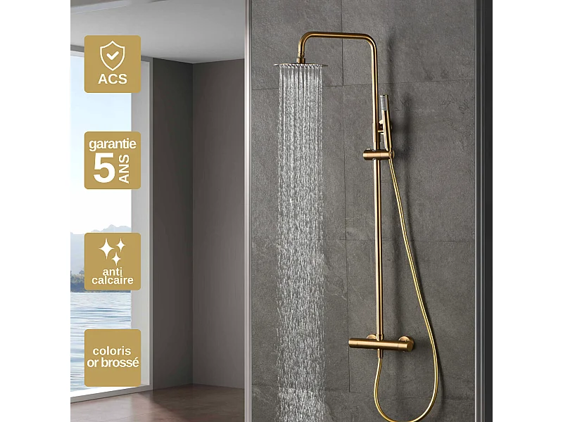 Colonne de Douche avec Mitigeur Thermostatique or brossé anti-calcaire - Design Moderne - MONZA IMEX