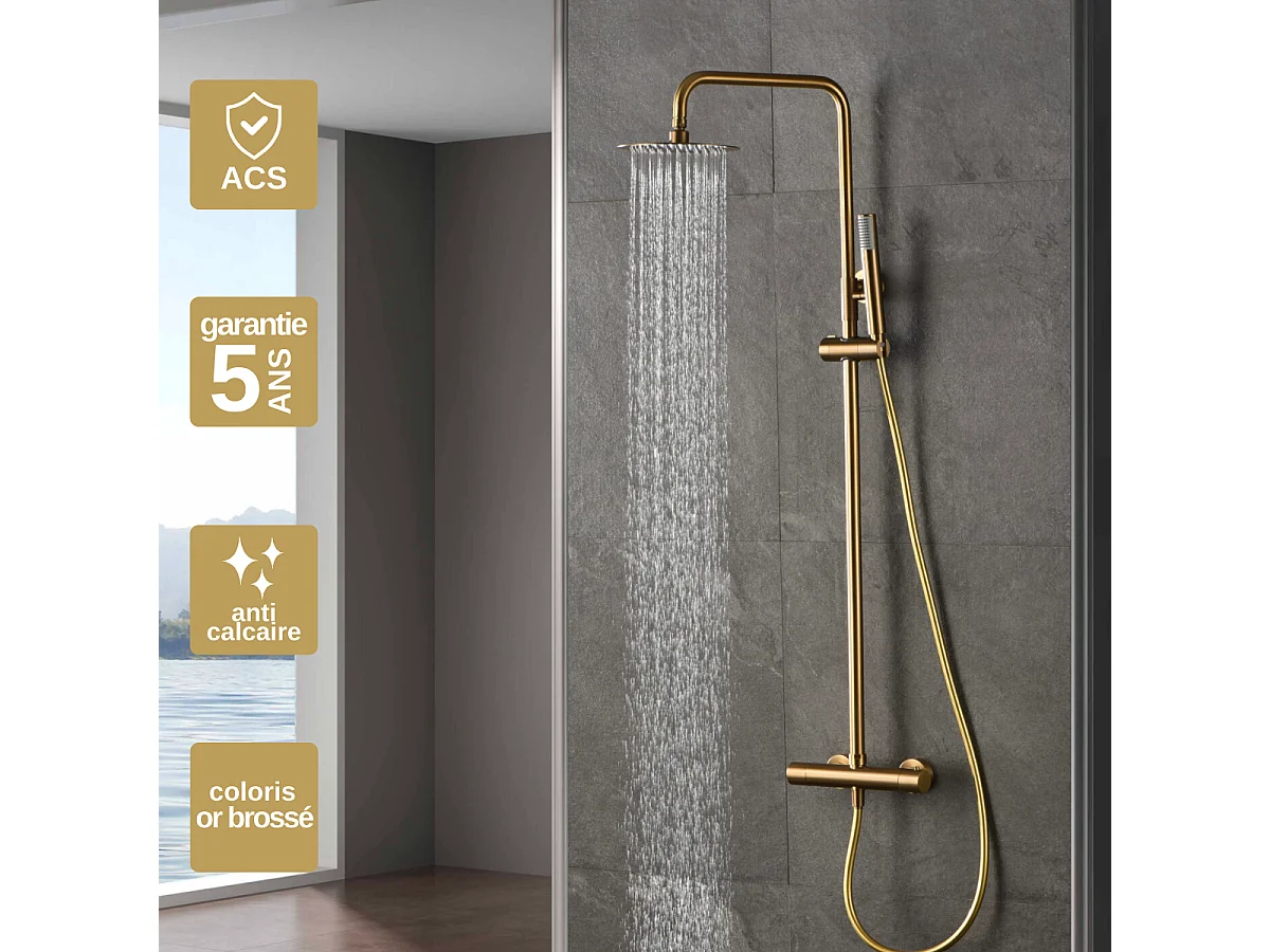 Colonne de Douche avec Mitigeur Thermostatique or brossé anti-calcaire - Design Moderne - MONZA IMEX