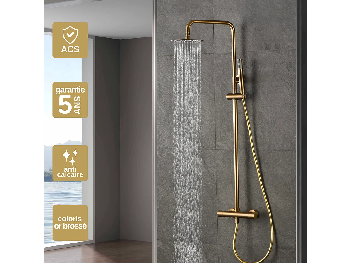 Colonne de Douche avec Mitigeur Thermostatique or brossé anti-calcaire - Design Moderne - MONZA IMEX