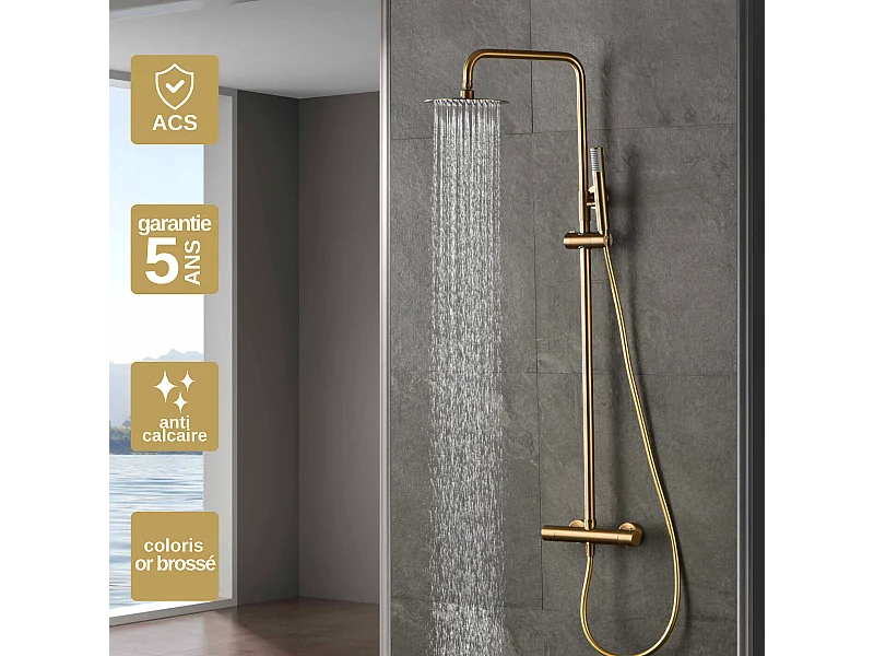 Colonne de Douche avec Mitigeur Thermostatique or brossé anti-calcaire - Design Moderne - MONZA IMEX