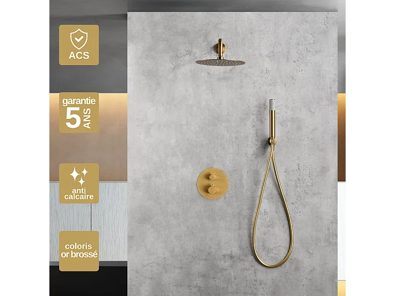 Colonne de Douche Encastrée Thermostatique  Anti-Calcaire Or Brossé IMEX MONZA GTM039/OC