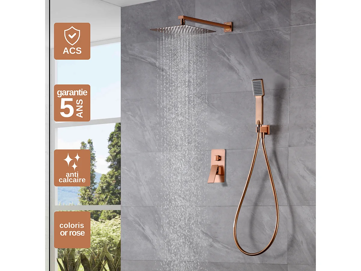 Colonne de Douche Encastrée or rose brossé anti-calcaire - Design Moderne et Économie d'eau - Kit Complet PISA IMEX