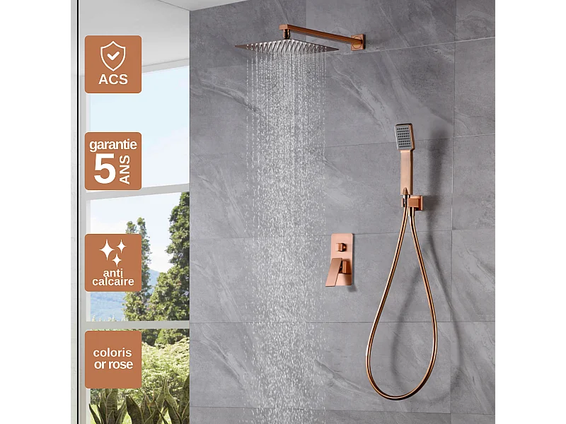 Colonne de Douche Encastrée or rose brossé anti-calcaire - Design Moderne et Économie d'eau - Kit Complet PISA IMEX
