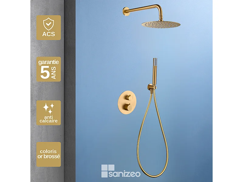 Colonne de Douche Encastrée avec Mitigeur Thermostatique or brossé anti-calcaire - Design Moderne - GENOVA IMEX