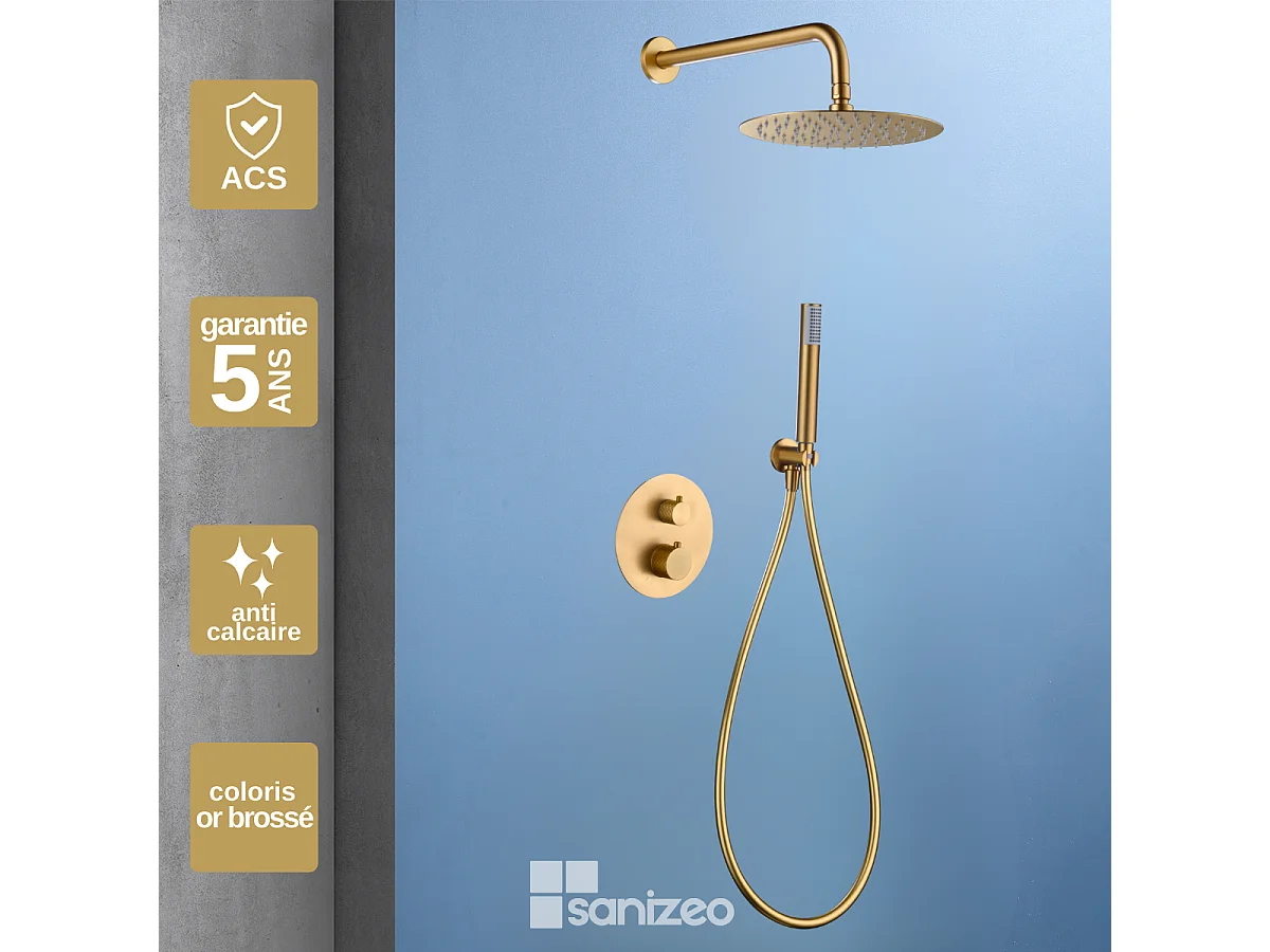 Colonne de Douche Encastrée avec Mitigeur Thermostatique or brossé anti-calcaire - Design Moderne - GENOVA IMEX