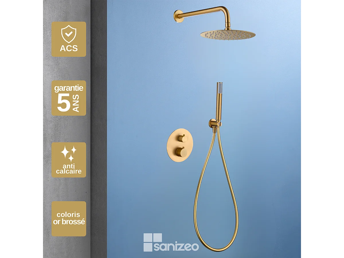 Colonne de Douche Encastrée avec Mitigeur Thermostatique or brossé anti-calcaire - Design Moderne - GENOVA IMEX