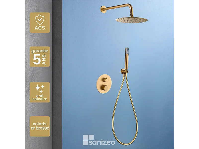 Colonne de Douche Encastrée avec Mitigeur Thermostatique or brossé anti-calcaire - Design Moderne - GENOVA IMEX