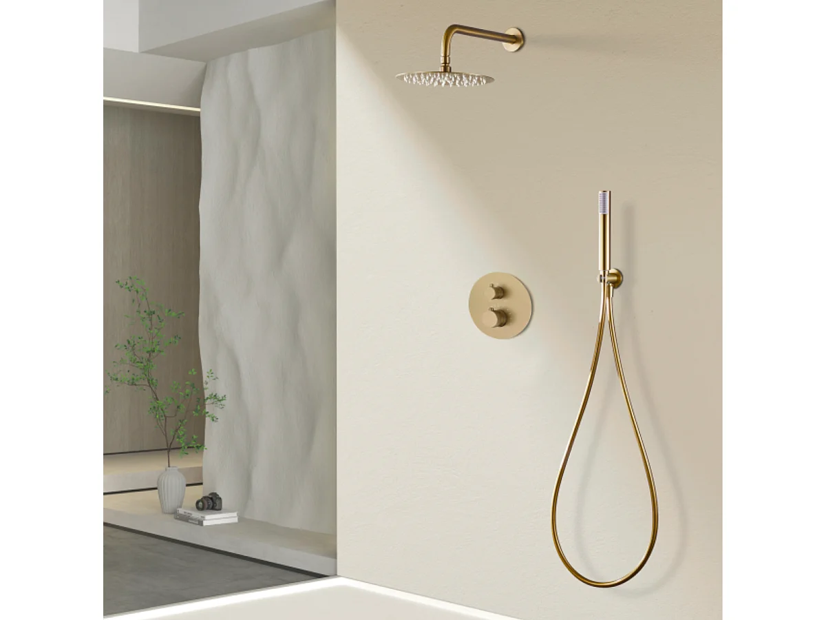 Colonne de Douche Encastrée avec Mitigeur Thermostatique or brossé anti-calcaire - Design Moderne - LINE IMEX