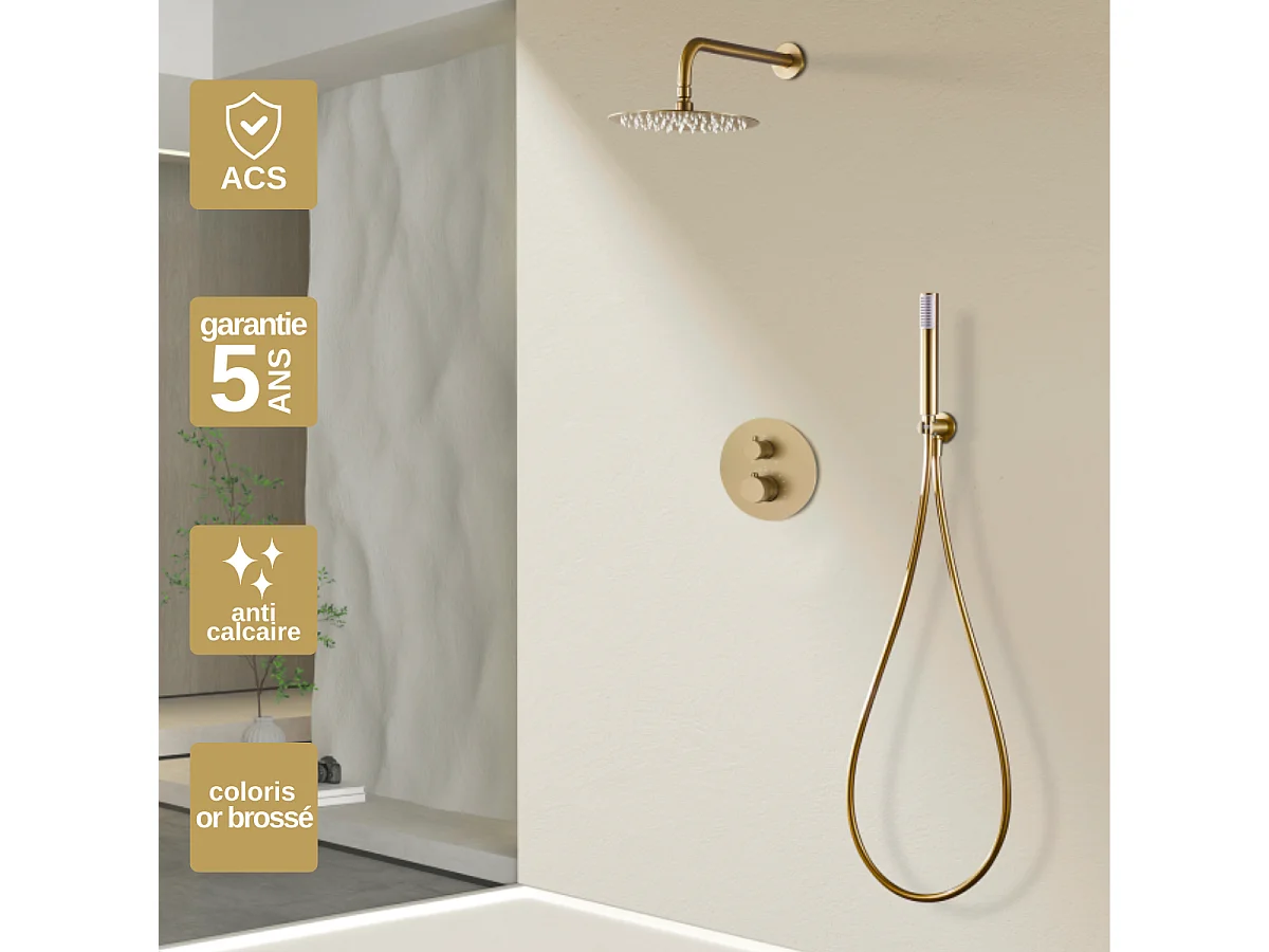 Colonne de Douche Encastrée avec Mitigeur Thermostatique or brossé anti-calcaire - Design Moderne - LINE IMEX