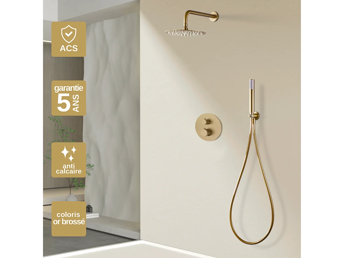 Colonne de Douche Encastrée avec Mitigeur Thermostatique or brossé anti-calcaire - Design Moderne - LINE IMEX