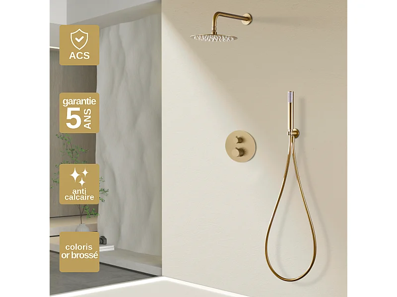 Colonne de Douche Encastrée avec Mitigeur Thermostatique or brossé anti-calcaire - Design Moderne - LINE IMEX