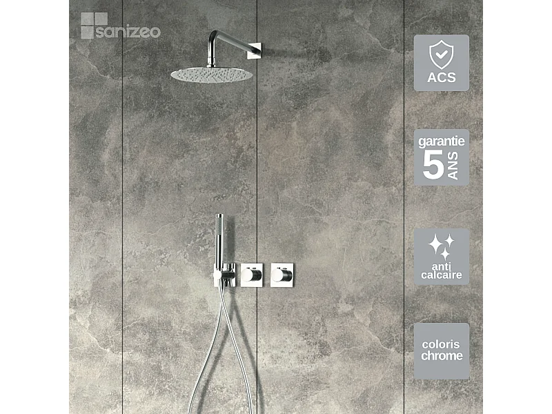 Colonne de Douche Encastrée avec Mitigeur Thermostatique chromé anti-calcaire - Design Moderne - TIBET IMEX