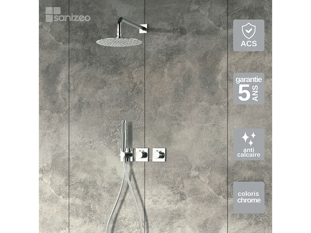 Colonne de Douche Encastrée avec Mitigeur Thermostatique chromé anti-calcaire - Design Moderne - TIBET IMEX