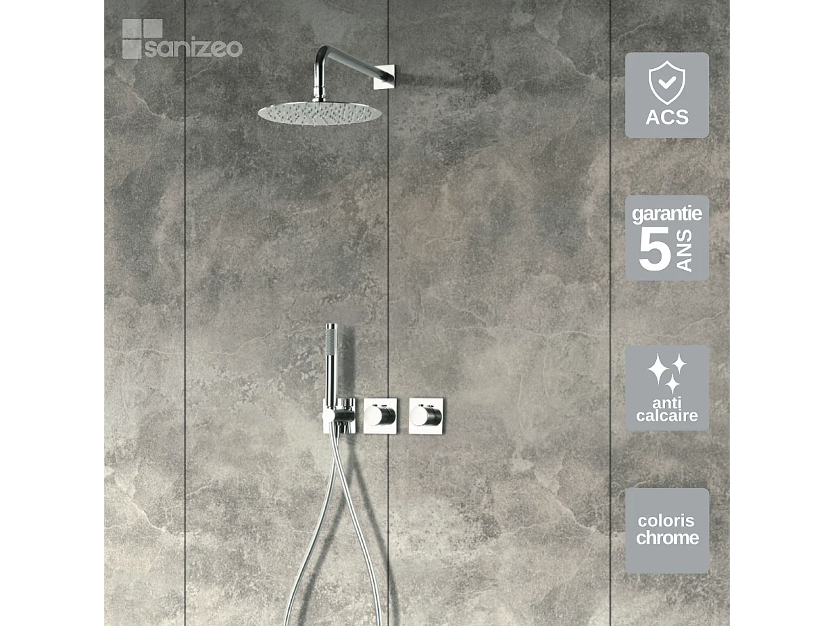 Colonne de Douche Encastrée avec Mitigeur Thermostatique chromé anti-calcaire - Design Moderne - TIBET IMEX