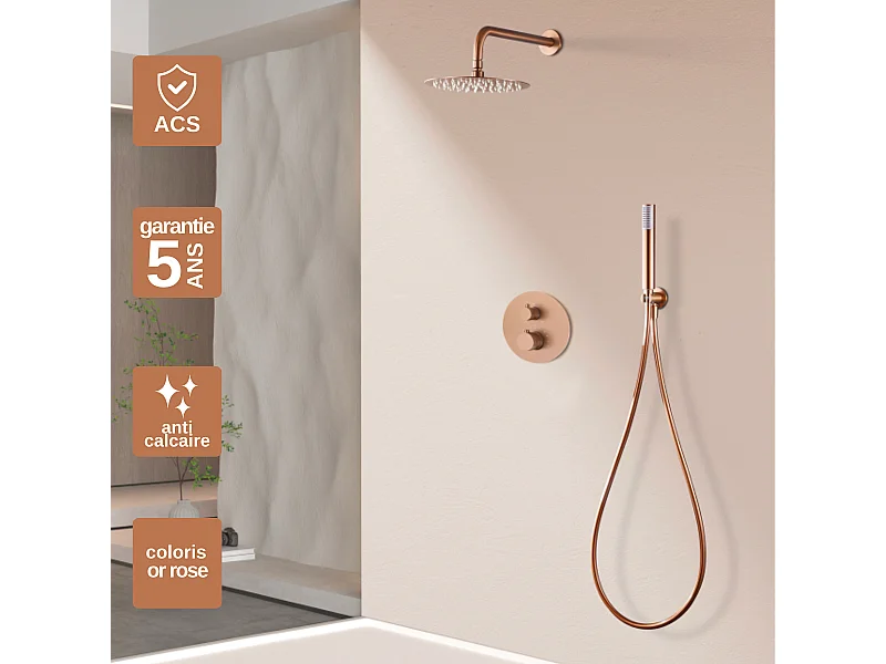 Colonne de Douche Encastrée avec Mitigeur Thermostatique or rose cuivré anti-calcaire - Design Moderne - LINE IMEX