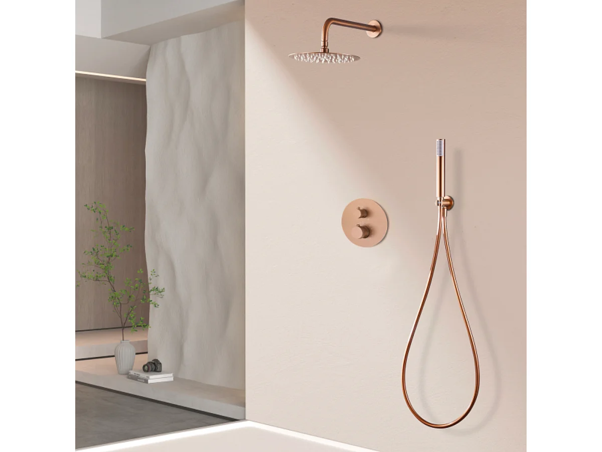 Colonne de Douche Encastrée avec Mitigeur Thermostatique or rose cuivré anti-calcaire - Design Moderne - LINE IMEX