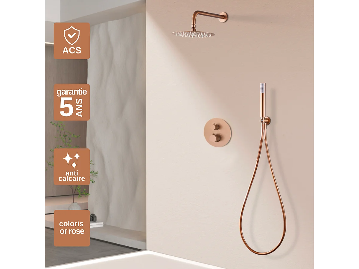 Colonne de Douche Encastrée avec Mitigeur Thermostatique or rose cuivré anti-calcaire - Design Moderne - LINE IMEX