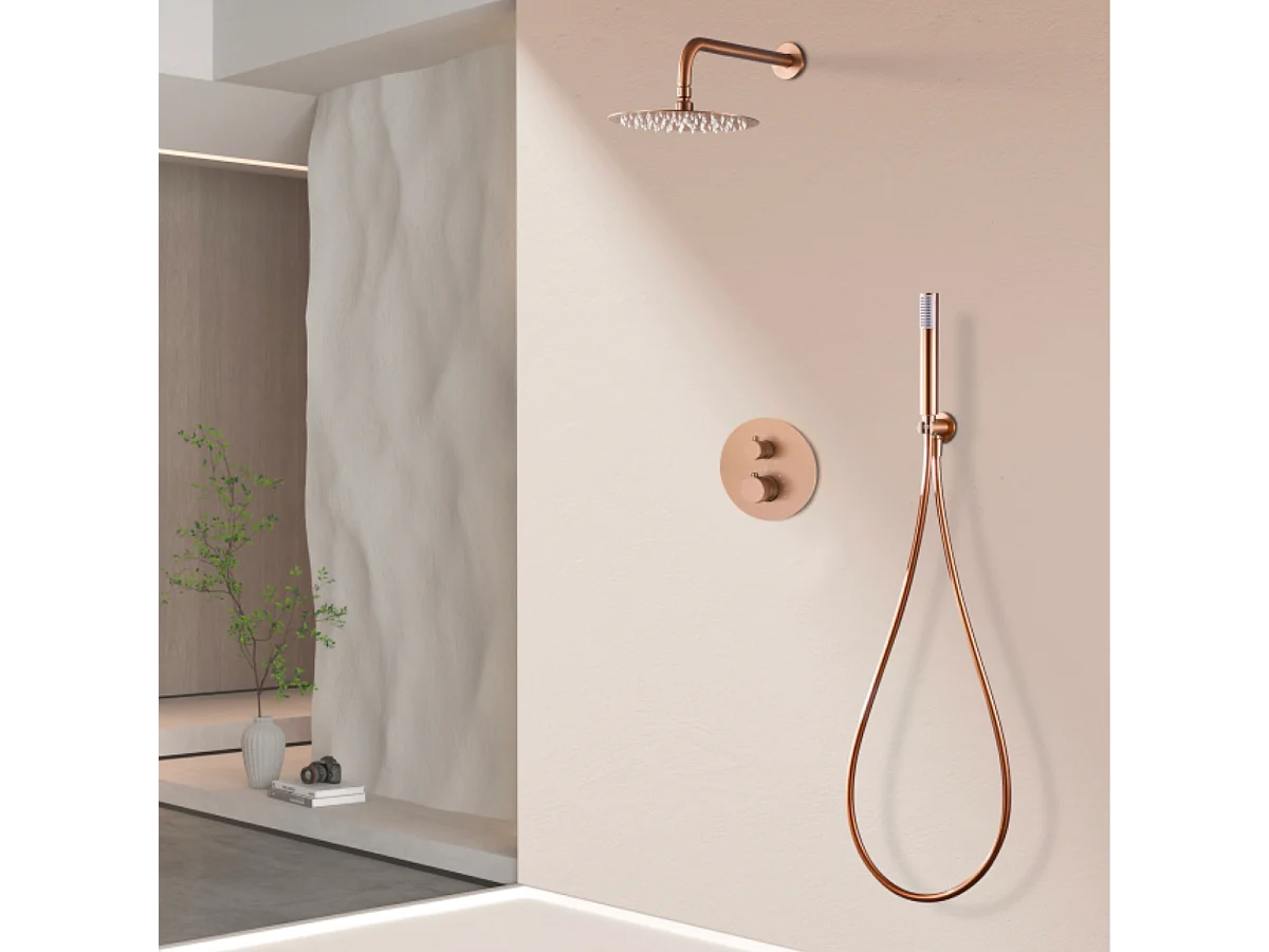 Colonne de Douche Encastrée avec Mitigeur Thermostatique or rose cuivré anti-calcaire - Design Moderne - LINE IMEX