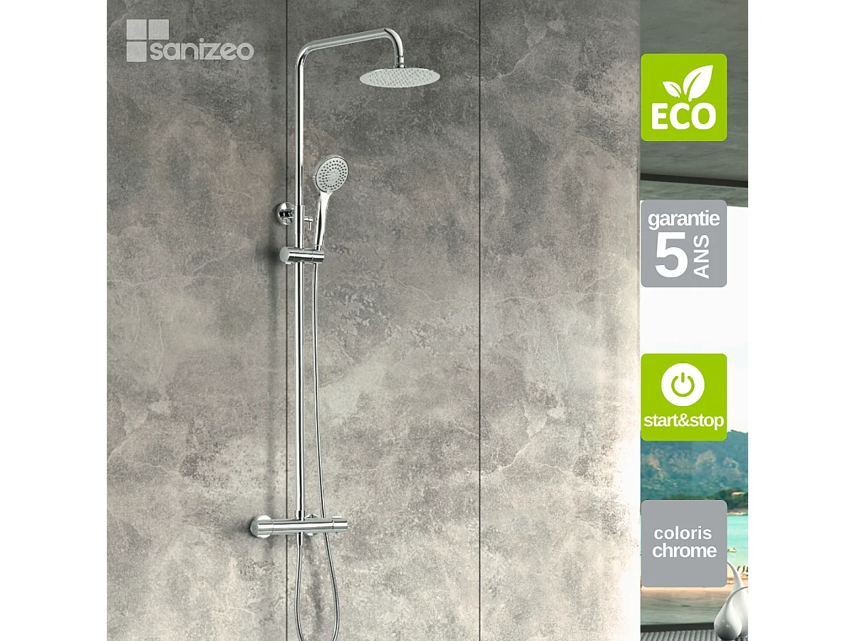 Colonne de Douche avec Mitigeur Thermostatique chromé anti-calcaire - Design Moderne - ECOKENT IMEX