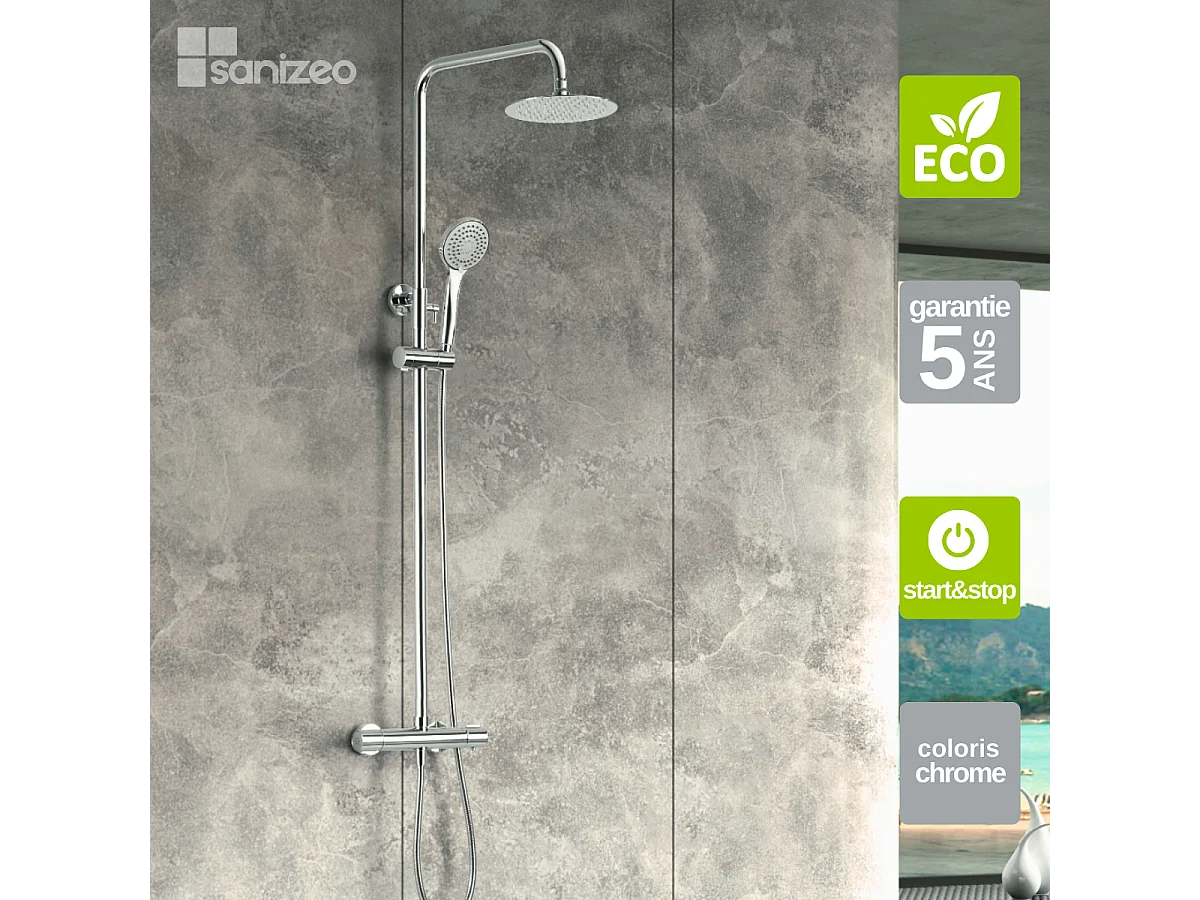 Colonne de Douche avec Mitigeur Thermostatique chromé anti-calcaire - Design Moderne - ECOKENT IMEX