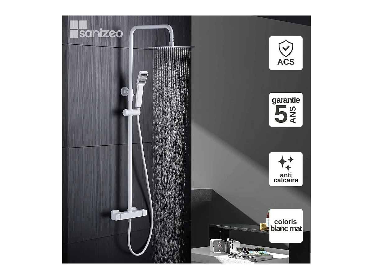 Colonne de Douche Thermostatique Anti-Calcaire Blanc Mat IMEX ART BTAR025/BL