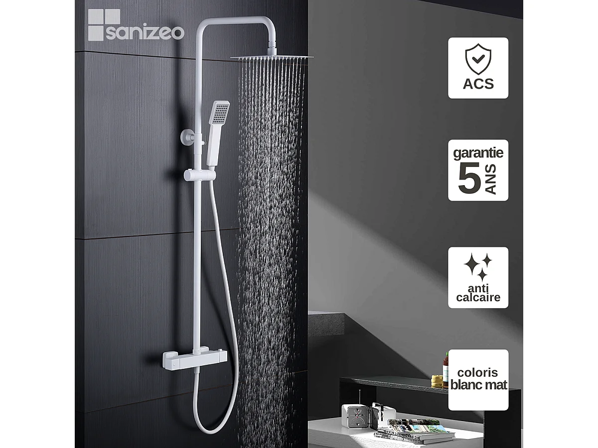 Colonne de Douche avec Mitigeur Thermostatique blanc mat anti-calcaire - Design Moderne - ART IMEX
