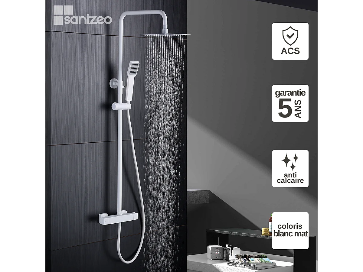 Colonne de Douche avec Mitigeur Thermostatique blanc mat anti-calcaire - Design Moderne - ART IMEX