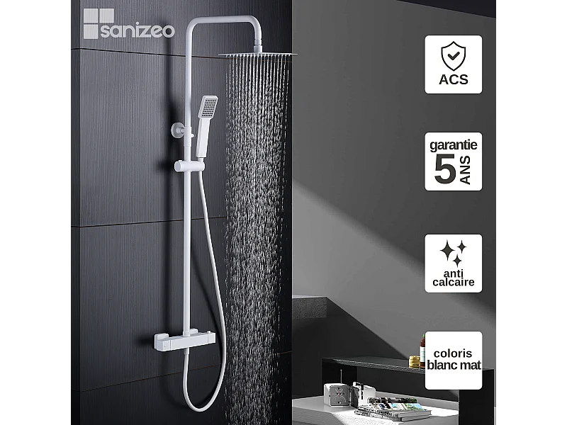 Colonne de Douche avec Mitigeur Thermostatique blanc mat anti-calcaire - Design Moderne - ART IMEX