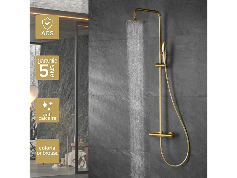 Colonne de Douche avec Mitigeur Thermostatique or brossé anti-calcaire - Design Moderne - NAPOLES IMEX