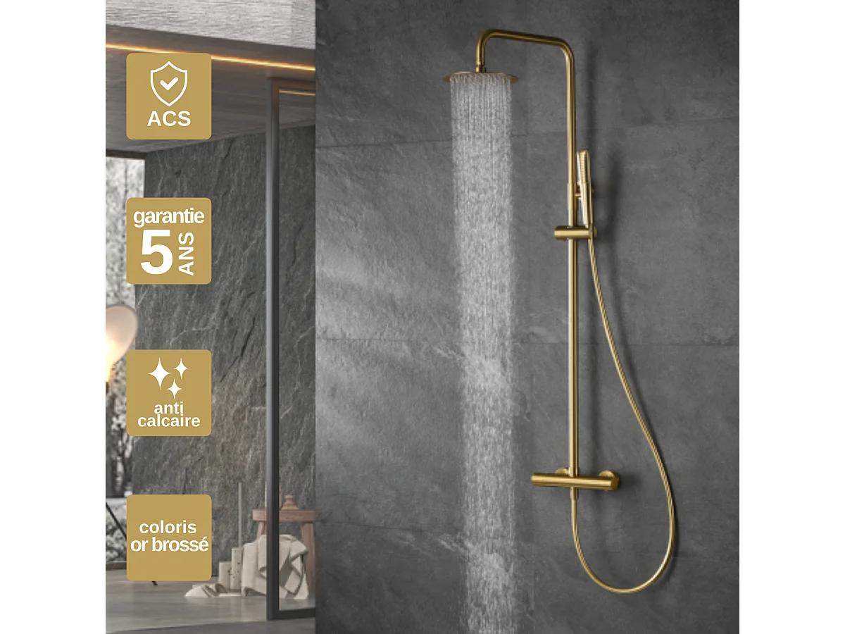 Colonne de Douche avec Mitigeur Thermostatique or brossé anti-calcaire - Design Moderne - NAPOLES IMEX