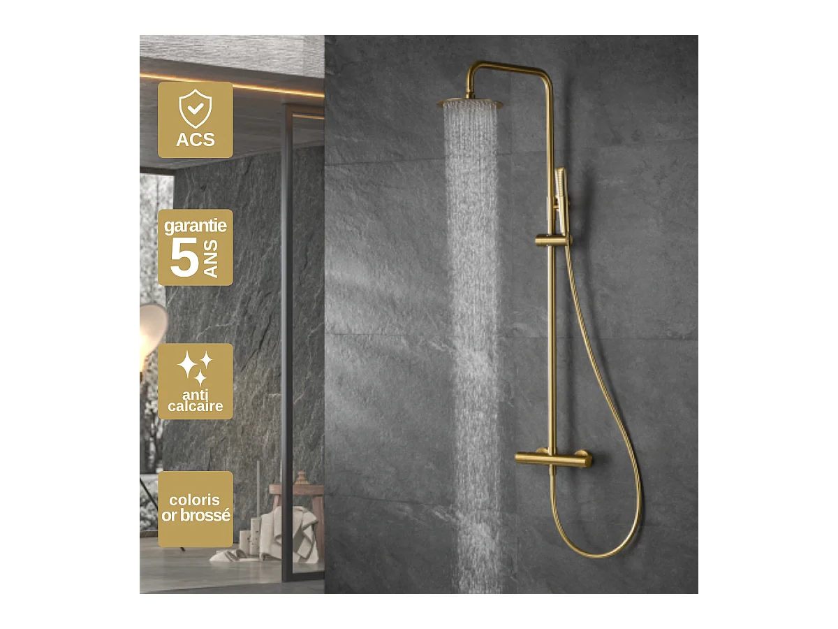Colonne de Douche avec Mitigeur Thermostatique or brossé anti-calcaire - Design Moderne - NAPOLES IMEX