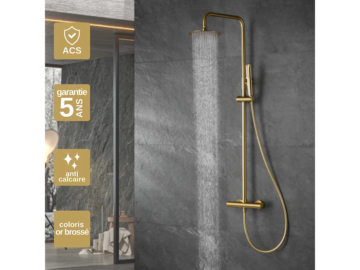 Colonne de Douche avec Mitigeur Thermostatique or brossé anti-calcaire - Design Moderne - NAPOLES IMEX