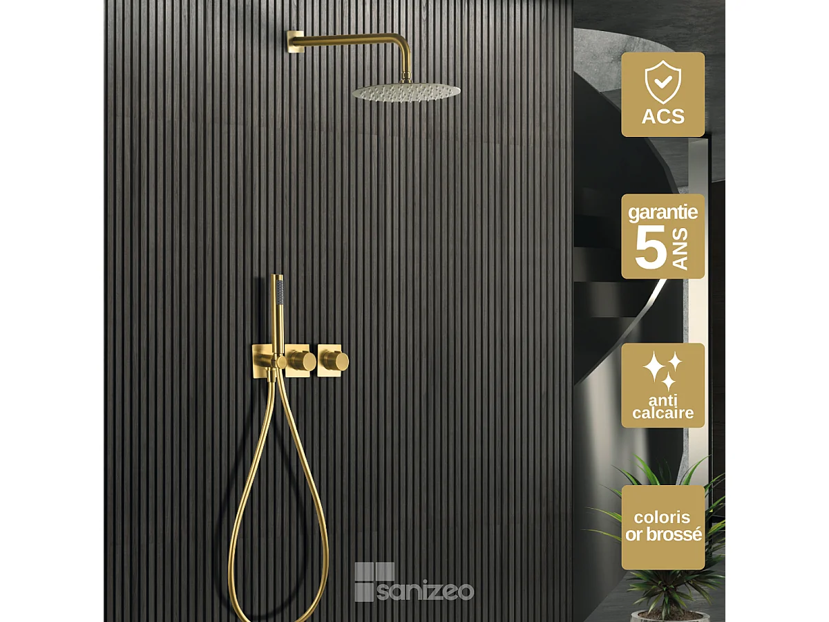 Colonne de Douche Encastrée avec Mitigeur Thermostatique or brossé anti-calcaire - Design Moderne - TIBET IMEX