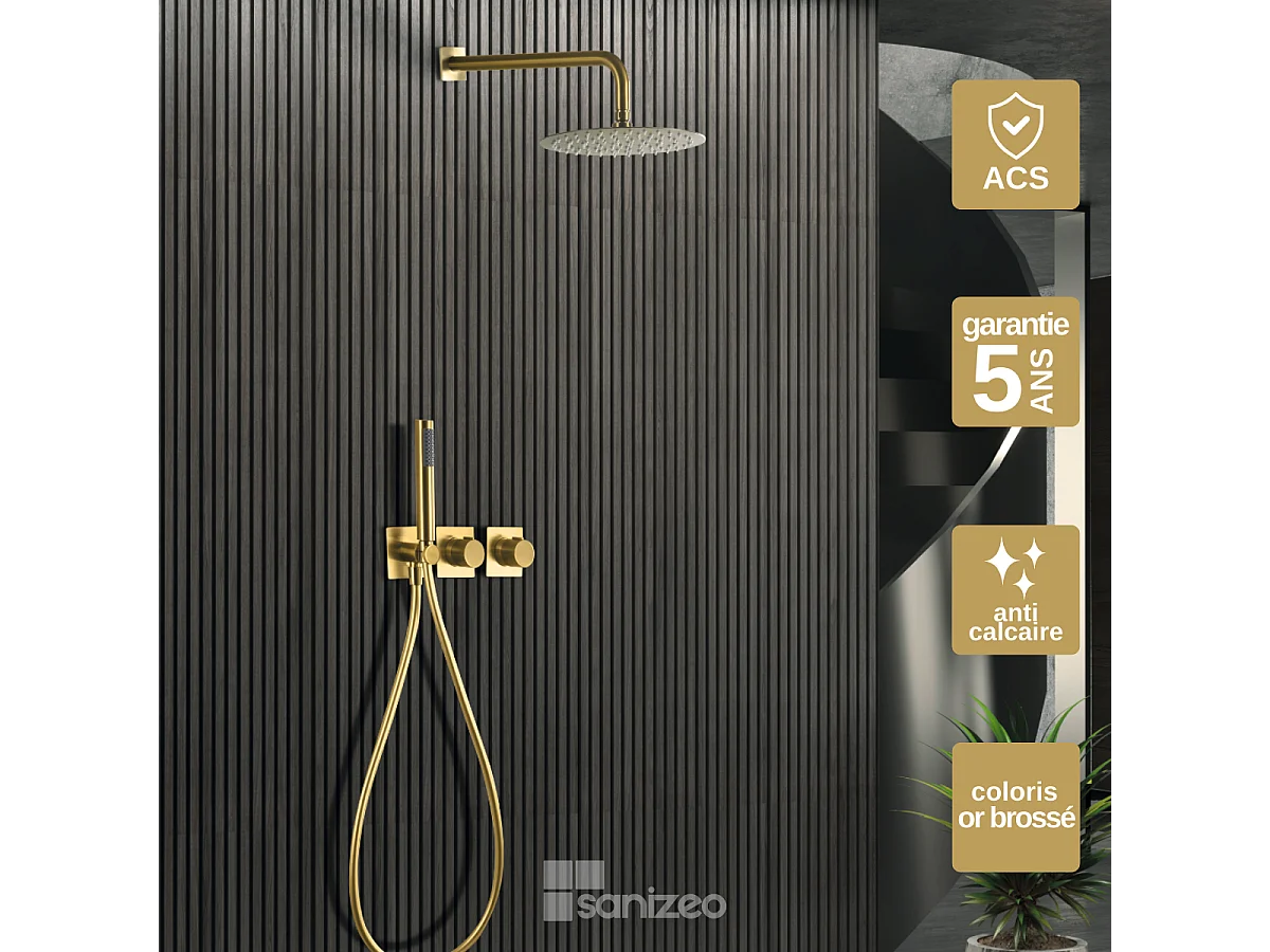 Colonne de Douche Encastrée avec Mitigeur Thermostatique or brossé anti-calcaire - Design Moderne - TIBET IMEX