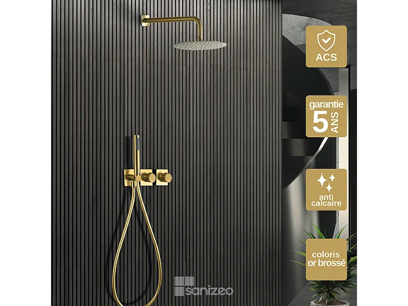 Colonne de Douche Encastrée avec Mitigeur Thermostatique or brossé anti-calcaire - Design Moderne - TIBET IMEX