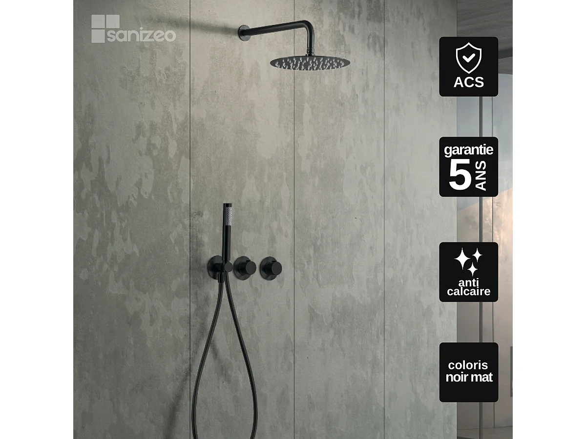 Colonne de Douche Encastrée avec Mitigeur Thermostatique noir mat anti-calcaire - Design Moderne - ASSEN IMEX