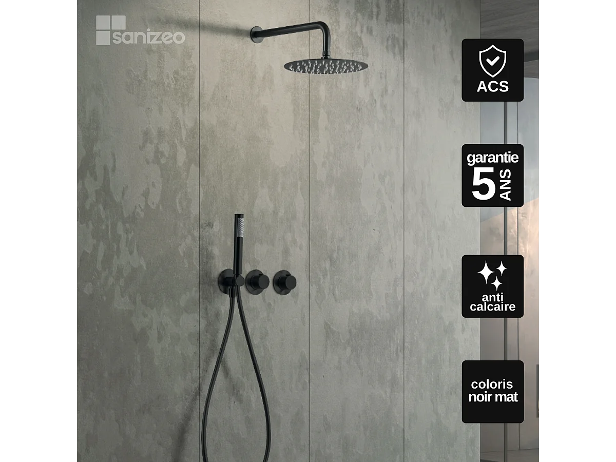 Colonne de Douche Encastrée avec Mitigeur Thermostatique noir mat anti-calcaire - Design Moderne - ASSEN IMEX