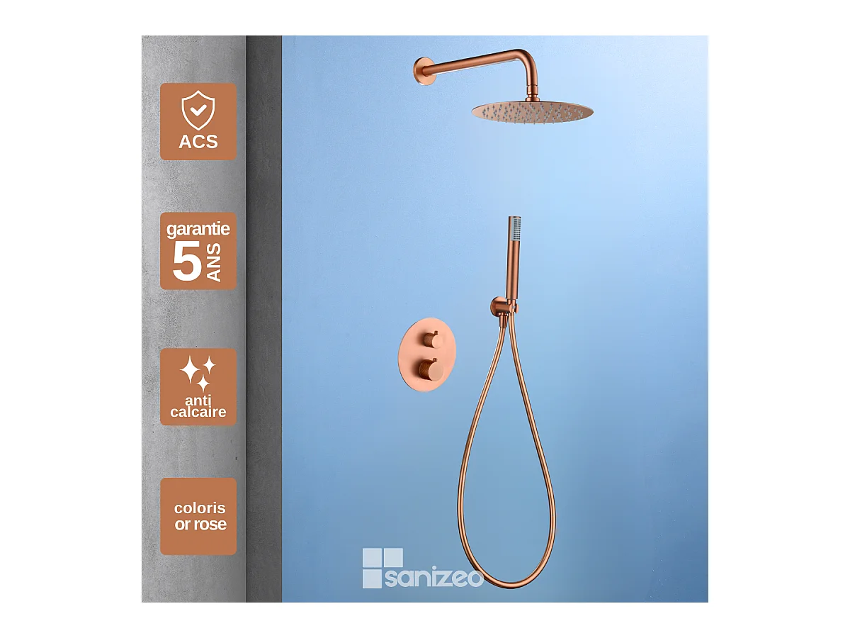 Colonne de Douche Encastrée Thermostatique  Anti-Calcaire Or Rose Cuivré GENOVA GTG053/ORC