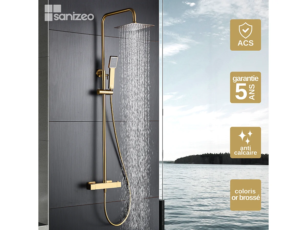 Colonne de Douche avec Mitigeur Thermostatique or brossé anti-calcaire - Design Moderne - ART IMEX