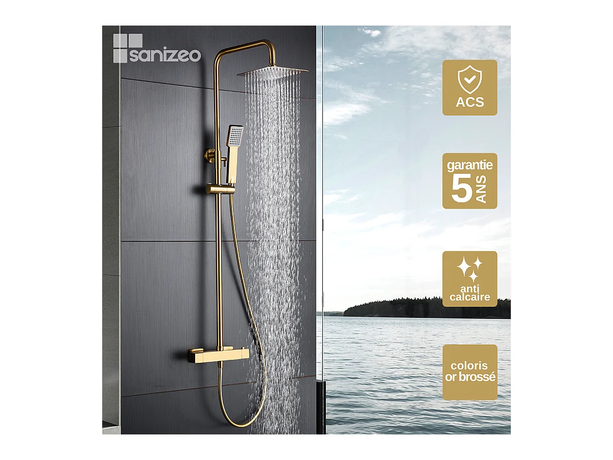 Colonne de Douche avec Mitigeur Thermostatique or brossé anti-calcaire - Design Moderne - ART IMEX