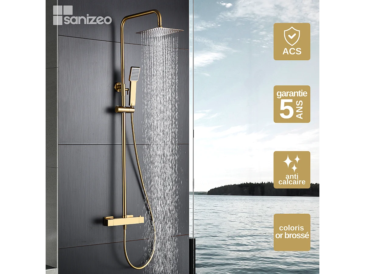 Colonne de Douche avec Mitigeur Thermostatique or brossé anti-calcaire - Design Moderne - ART IMEX
