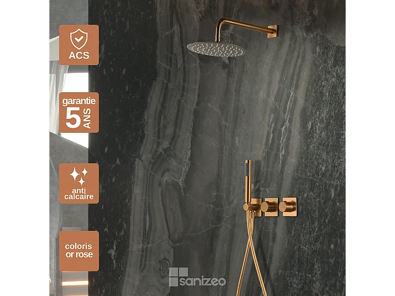 Colonne de Douche Encastrée avec Mitigeur Thermostatique or rose cuivré anti-calcaire - Design Moderne - TIBET IMEX