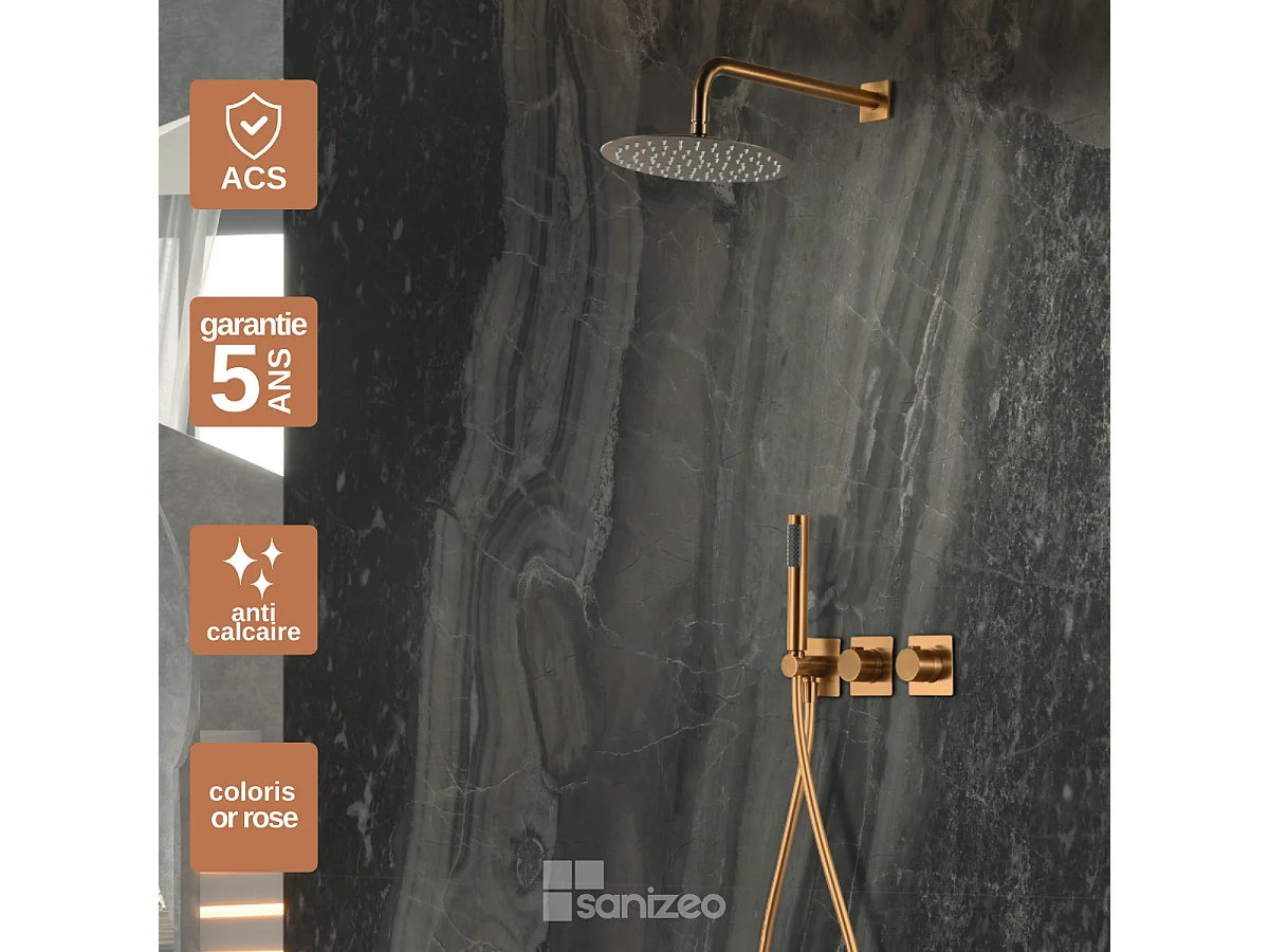 Colonne de Douche Encastrée avec Mitigeur Thermostatique or rose cuivré anti-calcaire - Design Moderne - TIBET IMEX
