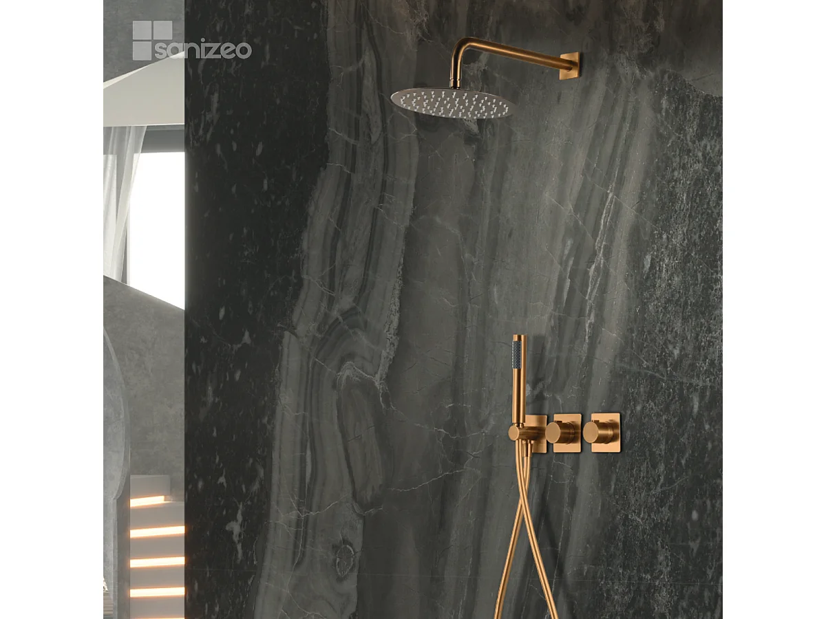 Colonne de Douche Encastrée avec Mitigeur Thermostatique or rose cuivré anti-calcaire - Design Moderne - TIBET IMEX