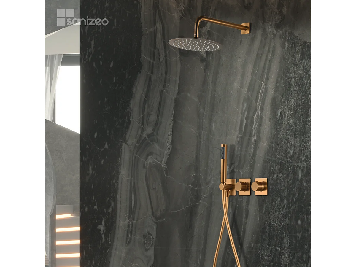 Colonne de Douche Encastrée avec Mitigeur Thermostatique or rose cuivré anti-calcaire - Design Moderne - TIBET IMEX
