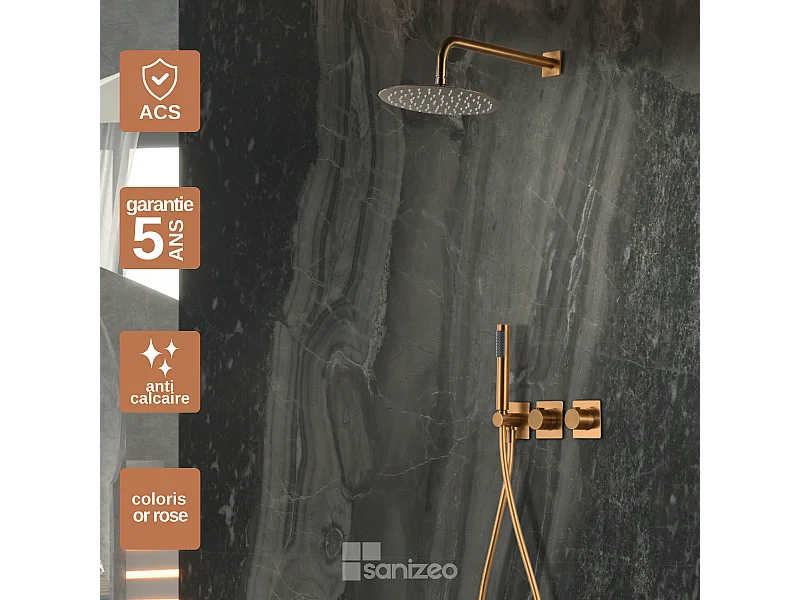 Colonne de Douche Encastrée avec Mitigeur Thermostatique or rose cuivré anti-calcaire - Design Moderne - TIBET IMEX